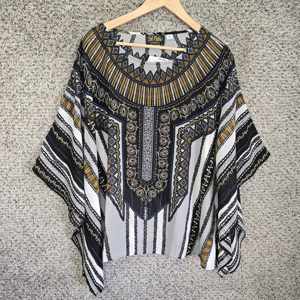 Bob Mackie Top Womens XL Black Brown Sheer Poncho Wearable Art Casual Ladies